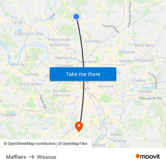 Maffliers to Wissous map