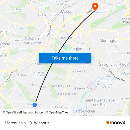 Marcoussis to Wissous map