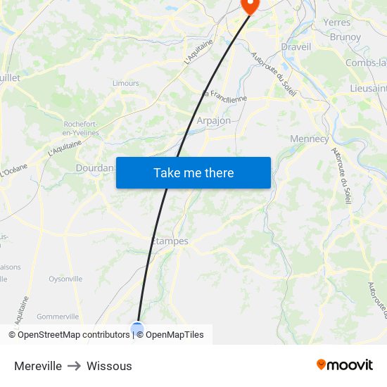 Mereville to Wissous map