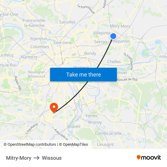 Mitry-Mory to Wissous map