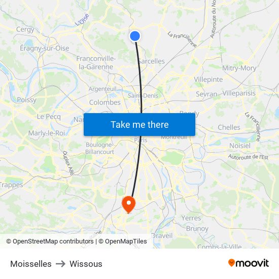 Moisselles to Wissous map