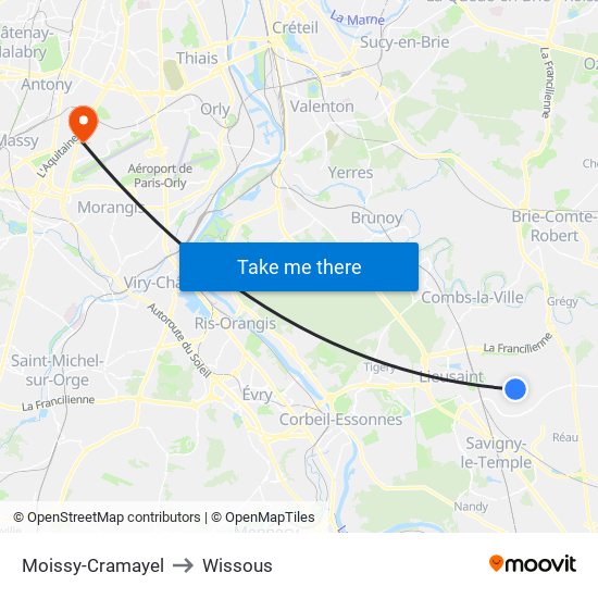 Moissy-Cramayel to Wissous map