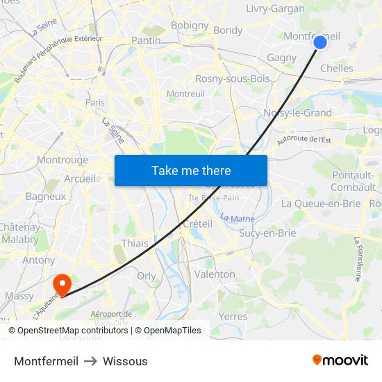 Montfermeil to Wissous map