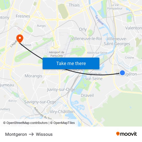 Montgeron to Wissous map