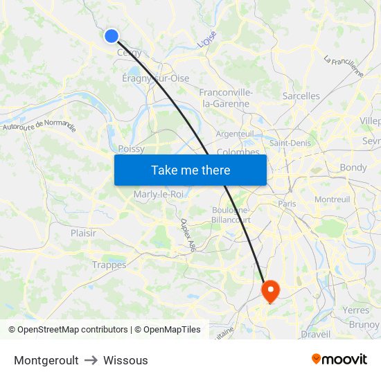 Montgeroult to Wissous map