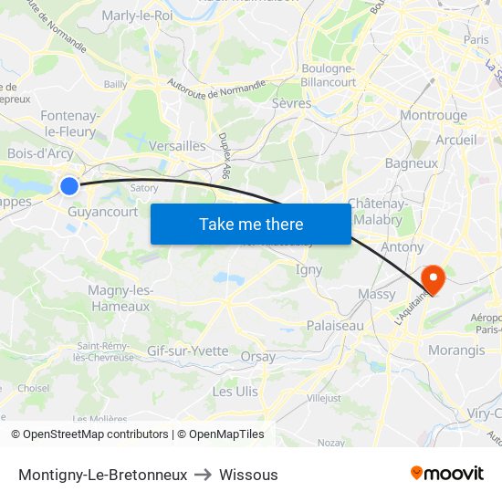 Montigny-Le-Bretonneux to Wissous map