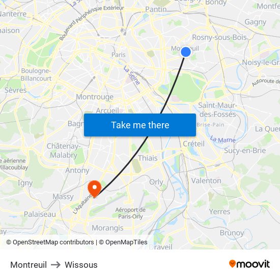 Montreuil to Wissous map