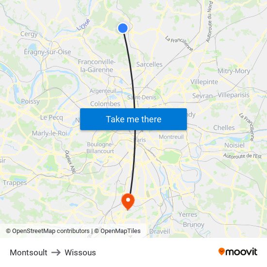 Montsoult to Wissous map