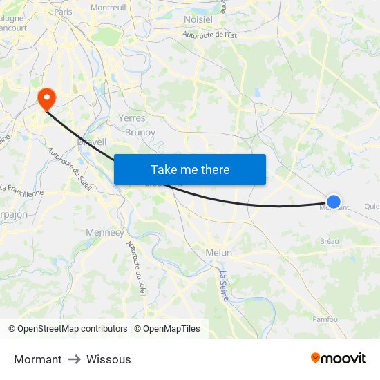 Mormant to Wissous map