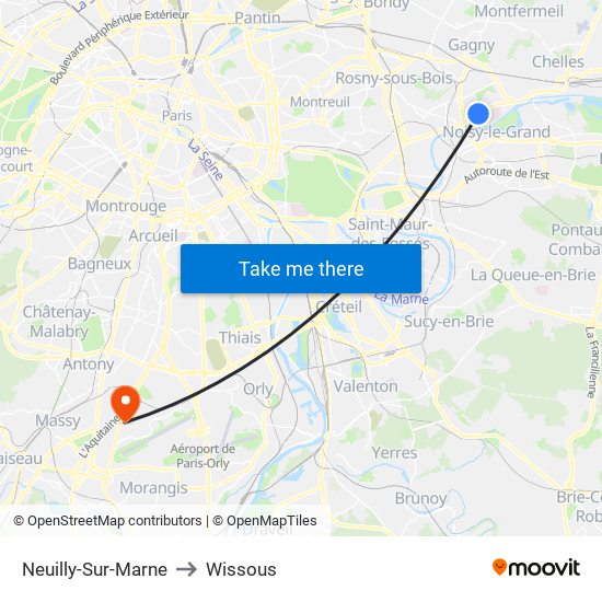 Neuilly-Sur-Marne to Wissous map