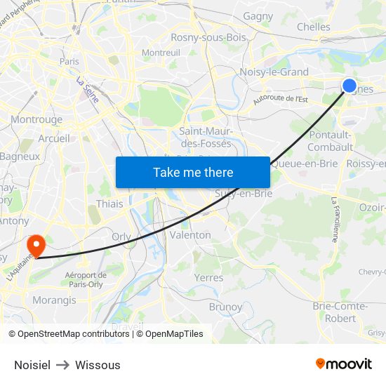 Noisiel to Wissous map