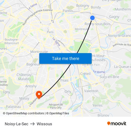 Noisy-Le-Sec to Wissous map