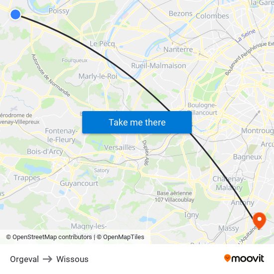 Orgeval to Wissous map