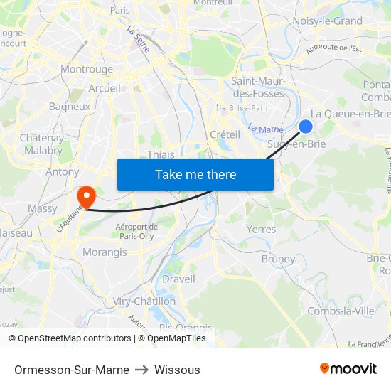 Ormesson-Sur-Marne to Wissous map
