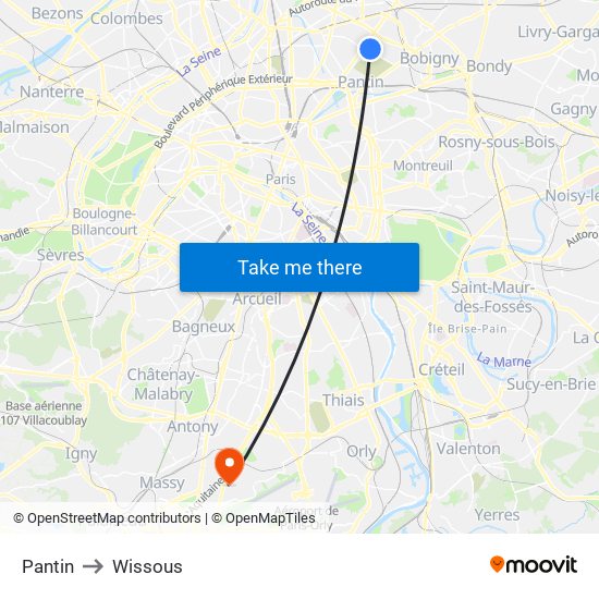 Pantin to Wissous map