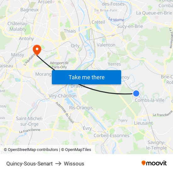 Quincy-Sous-Senart to Wissous map