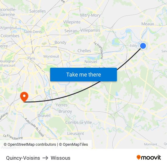 Quincy-Voisins to Wissous map