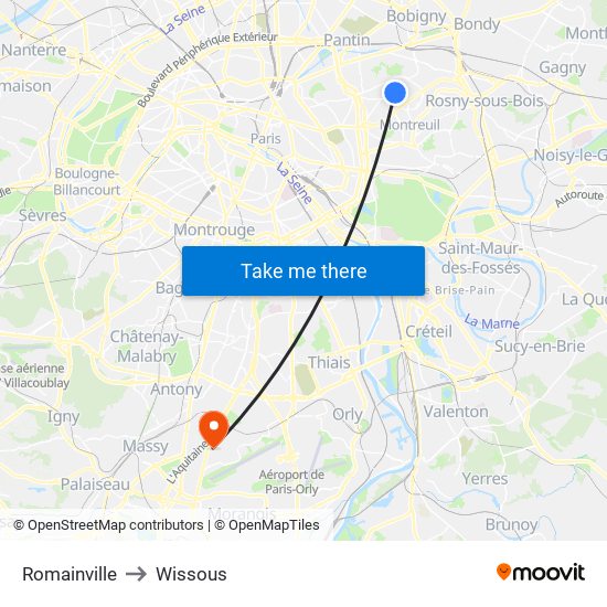 Romainville to Wissous map