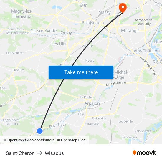 Saint-Cheron to Wissous map