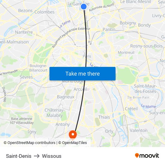 Saint-Denis to Wissous map