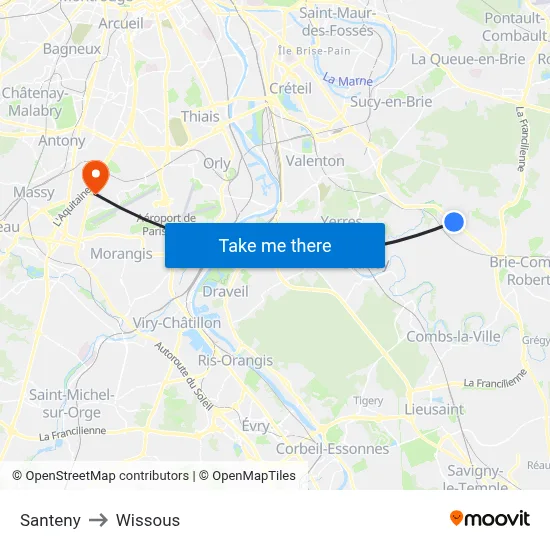 Santeny to Wissous map