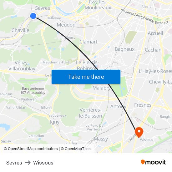 Sevres to Wissous map