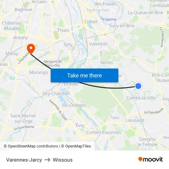 Varennes-Jarcy to Wissous map
