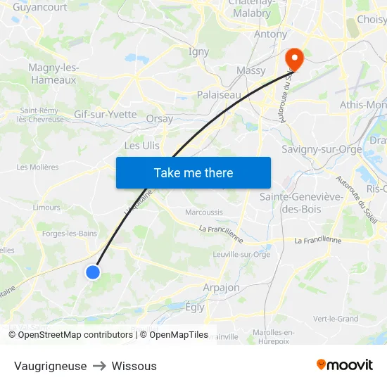Vaugrigneuse to Wissous map