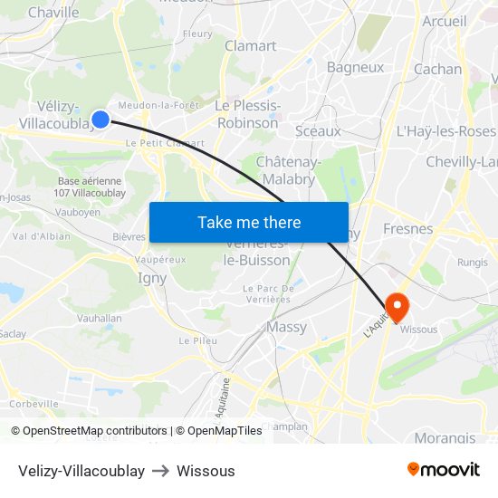 Velizy-Villacoublay to Wissous map