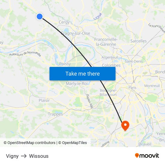 Vigny to Wissous map