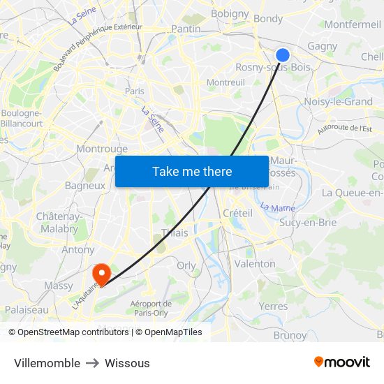 Villemomble to Wissous map