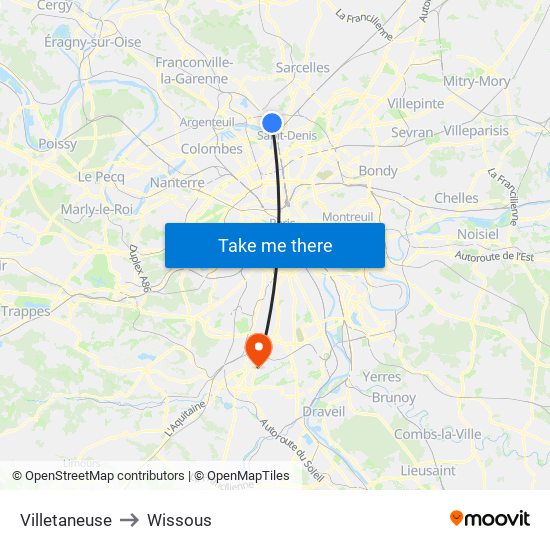 Villetaneuse to Wissous map