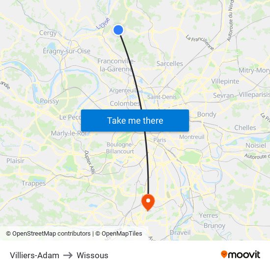 Villiers-Adam to Wissous map