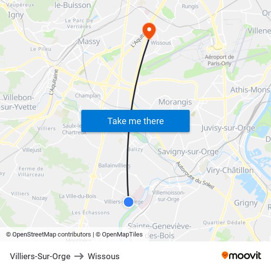 Villiers-Sur-Orge to Wissous map