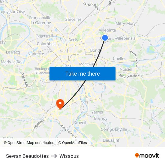 Sevran Beaudottes to Wissous map