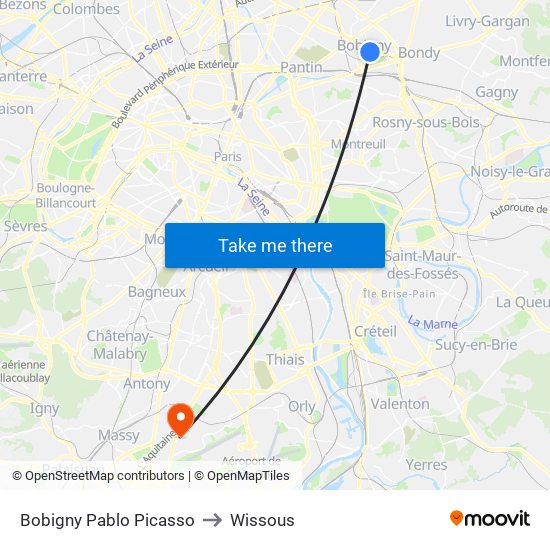 Bobigny Pablo Picasso to Wissous map