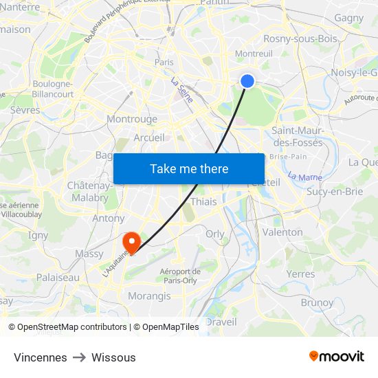 Vincennes to Wissous map