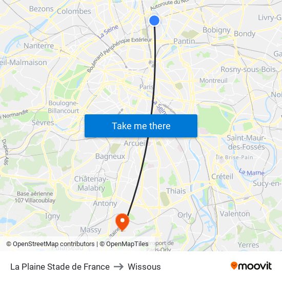 La Plaine Stade de France to Wissous map