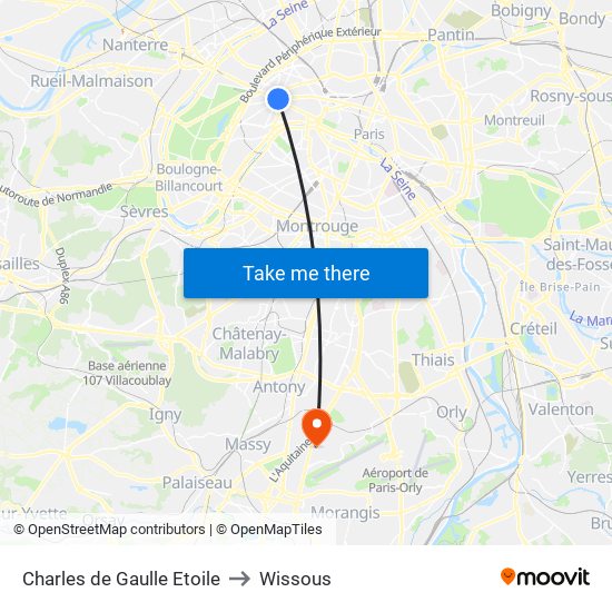 Charles de Gaulle Etoile to Wissous map
