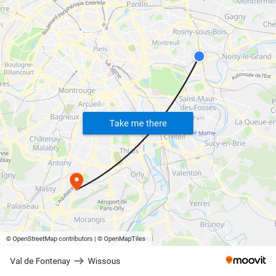 Val de Fontenay to Wissous map