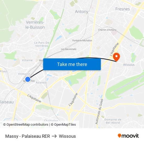 Massy - Palaiseau RER to Wissous map