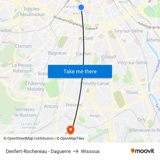 Denfert-Rochereau - Daguerre to Wissous map