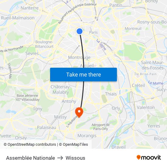 Assemblée Nationale to Wissous map
