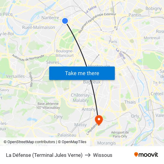 La Défense (Terminal Jules Verne) to Wissous map