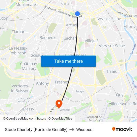 Stade Charléty (Porte de Gentilly) to Wissous map