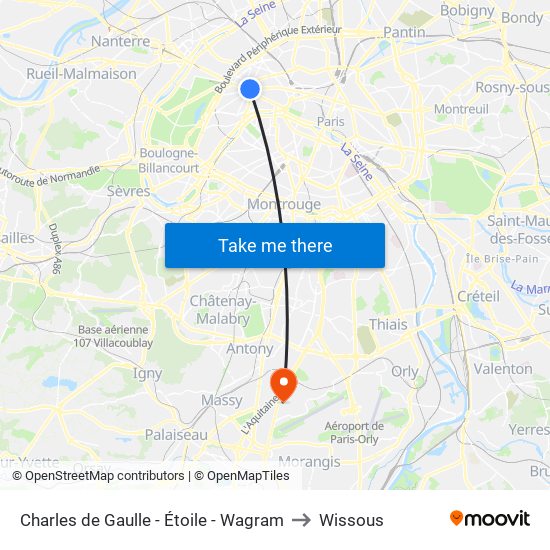 Charles de Gaulle - Étoile - Wagram to Wissous map