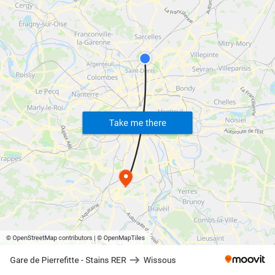 Gare de Pierrefitte - Stains RER to Wissous map