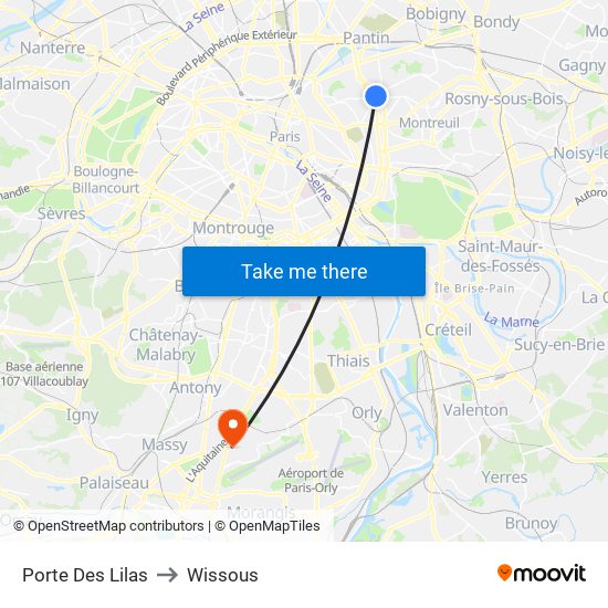 Porte Des Lilas to Wissous map