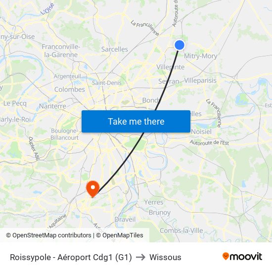 Roissypole - Aéroport Cdg1 (G1) to Wissous map