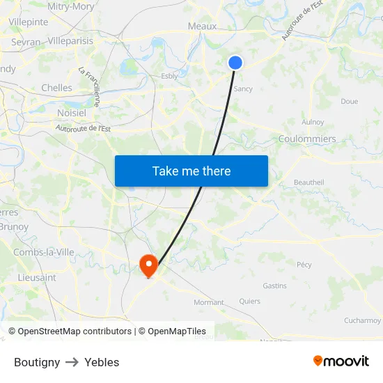 Boutigny to Yebles map